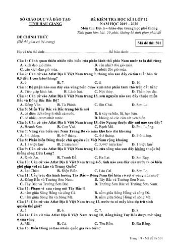Đề kiểm tra học kỳ I môn Địa lí Lớp 12 - Mã đề: 501 - Năm học 2019-2020 - Sở GD&ĐT Hậu Giang (Kèm đáp án)