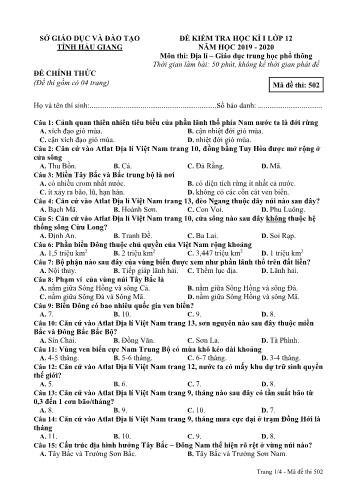 Đề kiểm tra học kỳ I môn Địa lí Lớp 12 - Mã đề: 502 - Năm học 2019-2020 - Sở GD&ĐT Hậu Giang (Kèm đáp án)