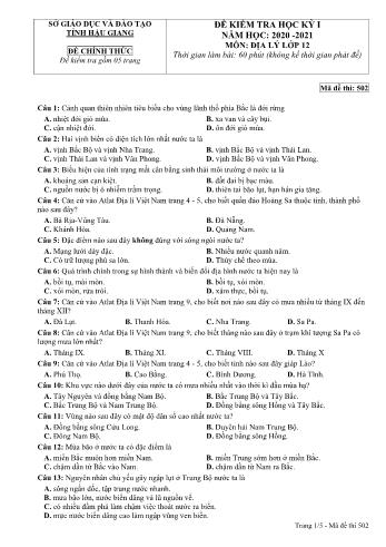 Đề kiểm tra học kỳ I môn Địa lí Lớp 12 - Mã đề: 502 - Năm học 2020-2021 - Sở GD&ĐT Hậu Giang (Kèm đáp án)