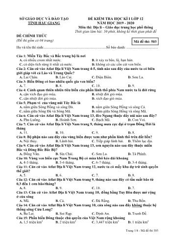 Đề kiểm tra học kỳ I môn Địa lí Lớp 12 - Mã đề: 503 - Năm học 2019-2020 - Sở GD&ĐT Hậu Giang (Kèm đáp án)