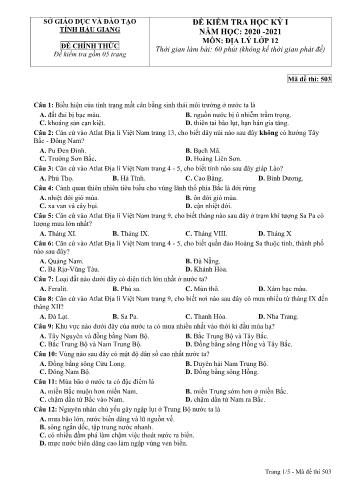 Đề kiểm tra học kỳ I môn Địa lí Lớp 12 - Mã đề: 503 - Năm học 2020-2021 - Sở GD&ĐT Hậu Giang (Kèm đáp án)