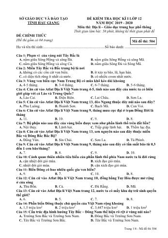 Đề kiểm tra học kỳ I môn Địa lí Lớp 12 - Mã đề: 504 - Năm học 2019-2020 - Sở GD&ĐT Hậu Giang (Kèm đáp án)