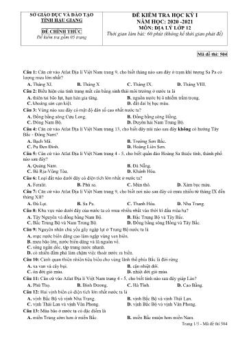 Đề kiểm tra học kỳ I môn Địa lí Lớp 12 - Mã đề: 504 - Năm học 2020-2021 - Sở GD&ĐT Hậu Giang (Kèm đáp án)