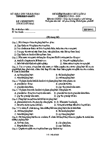 Đề kiểm tra học kỳ I môn GDCD Lớp 12 - Mã đề: 601 - Năm học 2019-2020 - Sở GD&ĐT Hậu Giang (Kèm đáp án)