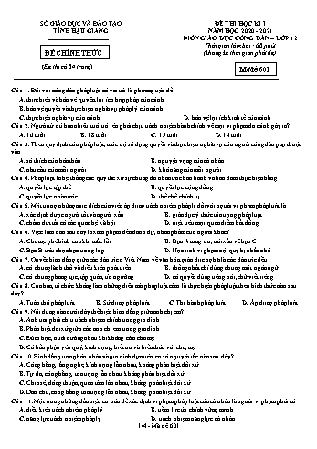 Đề kiểm tra học kỳ I môn GDCD Lớp 12 - Mã đề: 601 - Năm học 2020-2021 - Sở GD&ĐT Hậu Giang (Kèm đáp án)