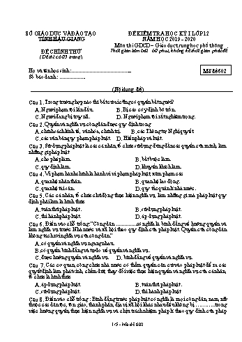 Đề kiểm tra học kỳ I môn GDCD Lớp 12 - Mã đề: 602 - Năm học 2019-2020 - Sở GD&ĐT Hậu Giang (Kèm đáp án)