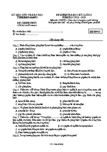 Đề kiểm tra học kỳ I môn GDCD Lớp 12 - Mã đề: 603 - Năm học 2019-2020 - Sở GD&ĐT Hậu Giang (Kèm đáp án)