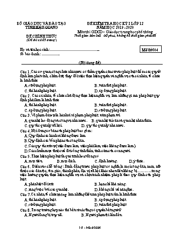 Đề kiểm tra học kỳ I môn GDCD Lớp 12 - Mã đề: 604 - Năm học 2019-2020 - Sở GD&ĐT Hậu Giang (Kèm đáp án)