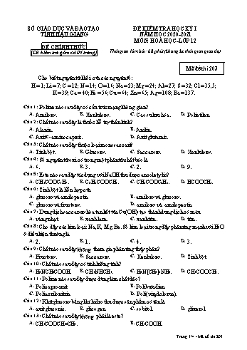 Đề kiểm tra học kỳ I môn Hóa học Lớp 12 - Mã đề: 203 - Năm học 2020-2021 - Sở GD&ĐT Hậu Giang (Kèm đáp án)