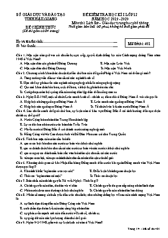 Đề kiểm tra học kỳ I môn Lịch sử Lớp 12 - Mã đề: 401 - Năm học 2019-2020 - Sở GD&ĐT Hậu Giang (Kèm đáp án)