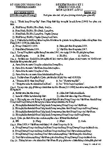 Đề kiểm tra học kỳ I môn Lịch sử Lớp 12 - Mã đề: 401 - Năm học 2020-2021 - Sở GD&ĐT Hậu Giang (Kèm đáp án)