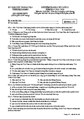 Đề kiểm tra học kỳ I môn Lịch sử Lớp 12 - Mã đề: 402 - Năm học 2019-2020 - Sở GD&ĐT Hậu Giang (Kèm đáp án)