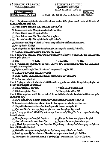 Đề kiểm tra học kỳ I môn Lịch sử Lớp 12 - Mã đề: 402 - Năm học 2020-2021 - Sở GD&ĐT Hậu Giang (Kèm đáp án)