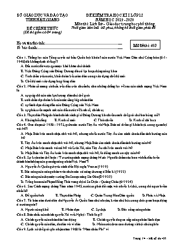 Đề kiểm tra học kỳ I môn Lịch sử Lớp 12 - Mã đề: 403 - Năm học 2019-2020 - Sở GD&ĐT Hậu Giang (Kèm đáp án)