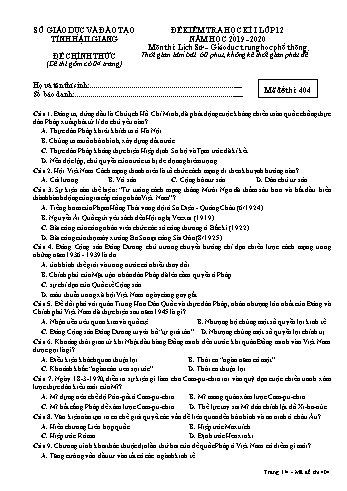 Đề kiểm tra học kỳ I môn Lịch sử Lớp 12 - Mã đề: 404 - Năm học 2019-2020 - Sở GD&ĐT Hậu Giang (Kèm đáp án)