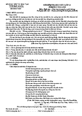 Đề kiểm tra học kỳ I môn Ngữ Văn Lớp 12 - Năm học 2019-2020 - Sở GD&ĐT Hậu Giang (Có đáp án)