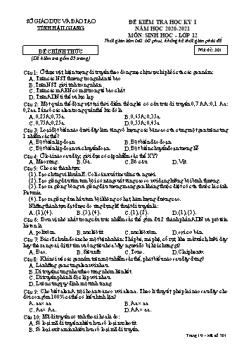 Đề kiểm tra học kỳ I môn Sinh học Lớp 12 - Mã đề: 301 - Năm học 2020-2021 - Sở GD&ĐT Hậu Giang (Kèm đáp án)