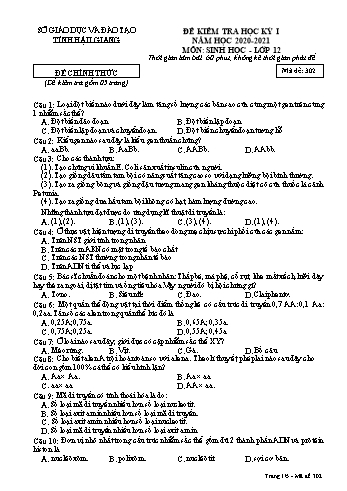 Đề kiểm tra học kỳ I môn Sinh học Lớp 12 - Mã đề: 302 - Năm học 2020-2021 - Sở GD&ĐT Hậu Giang (Kèm đáp án)