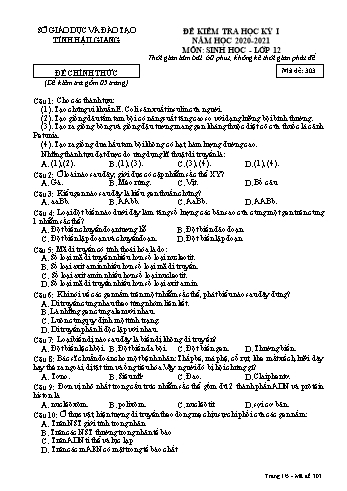 Đề kiểm tra học kỳ I môn Sinh học Lớp 12 - Mã đề: 303 - Năm học 2020-2021 - Sở GD&ĐT Hậu Giang (Kèm đáp án)