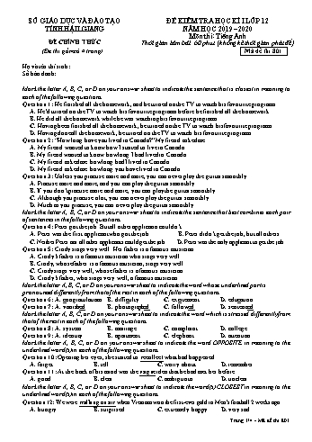 Đề kiểm tra học kỳ I môn Tiếng Anh Lớp 12 - Mã đề: 801 - Năm học 2019-2020 - Sở GD&ĐT Hậu Giang (Kèm đáp án)