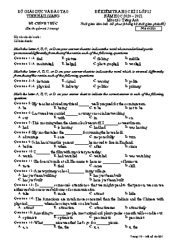 Đề kiểm tra học kỳ I môn Tiếng Anh Lớp 12 - Mã đề: 801 - Năm học 2020-2021 - Sở GD&ĐT Hậu Giang (Kèm đáp án)