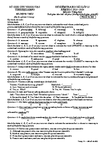 Đề kiểm tra học kỳ I môn Tiếng Anh Lớp 12 - Mã đề: 802 - Năm học 2019-2020 - Sở GD&ĐT Hậu Giang (Kèm đáp án)