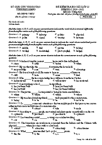 Đề kiểm tra học kỳ I môn Tiếng Anh Lớp 12 - Mã đề: 803 - Năm học 2020-2021 - Sở GD&ĐT Hậu Giang (Kèm đáp án)