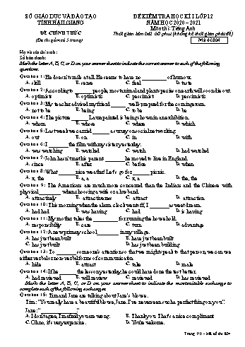Đề kiểm tra học kỳ I môn Tiếng Anh Lớp 12 - Mã đề: 804 - Năm học 2020-2021 - Sở GD&ĐT Hậu Giang (Kèm đáp án)