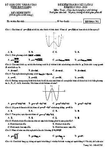 Đề kiểm tra học kỳ I môn Toán Lớp 12 - Mã đề: 701 - Năm học 2019-2020 - Sở GD&ĐT Hậu Giang (Kèm đáp án)