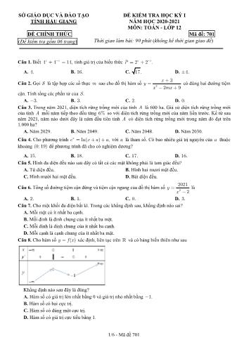 Đề kiểm tra học kỳ I môn Toán Lớp 12 - Mã đề: 701 - Năm học 2020-2021 - Sở GD&ĐT Hậu Giang (Kèm đáp án)