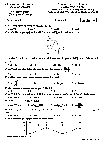 Đề kiểm tra học kỳ I môn Toán Lớp 12 - Mã đề: 703 - Năm học 2019-2020 - Sở GD&ĐT Hậu Giang (Kèm đáp án)
