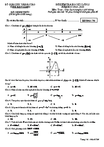 Đề kiểm tra học kỳ I môn Toán Lớp 12 - Mã đề: 704 - Năm học 2019-2020 - Sở GD&ĐT Hậu Giang (Kèm đáp án)