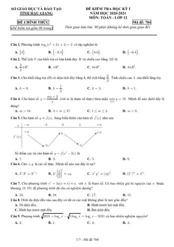 Đề kiểm tra học kỳ I môn Toán Lớp 12 - Mã đề: 704 - Năm học 2020-2021 - Sở GD&ĐT Hậu Giang (Kèm đáp án)