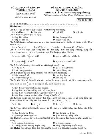 Đề kiểm tra học kỳ I môn Vật lý Lớp 12 - Mã đề: 104 - Năm học 2019-2020 - Sở GD&ĐT Hậu Giang (Kèm đáp án)