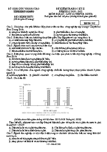 Đề kiểm tra học kỳ II môn Địa lí Lớp 12 (THPT & GDTX) - Mã đề: 502 - Năm học 2020-2021 - Sở GD&ĐT Hậu Giang (Kèm đáp án)