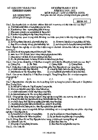 Đề kiểm tra học kỳ II môn Địa lí Lớp 12 (THPT & GDTX) - Mã đề: 503 - Năm học 2020-2021 - Sở GD&ĐT Hậu Giang (Kèm đáp án)