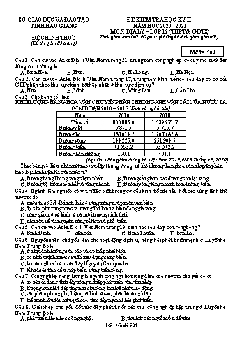 Đề kiểm tra học kỳ II môn Địa lí Lớp 12 (THPT & GDTX) - Mã đề: 504 - Năm học 2020-2021 - Sở GD&ĐT Hậu Giang (Kèm đáp án)