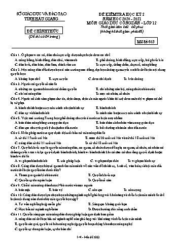 Đề kiểm tra học kỳ II môn GDCD Lớp 12 - Mã đề: 603 - Năm học 2020-2021 - Sở GD&ĐT Hậu Giang (Kèm đáp án)
