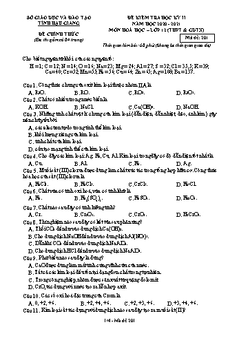 Đề kiểm tra học kỳ II môn Hóa học Lớp 12 (THPT & GDTX) - Mã đề: 201 - Năm học 2020-2021 - Sở GD&ĐT Hậu Giang (Kèm đáp án)