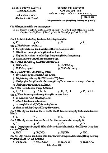 Đề kiểm tra học kỳ II môn Hóa học Lớp 12 (THPT & GDTX) - Mã đề: 202 - Năm học 2020-2021 - Sở GD&ĐT Hậu Giang (Kèm đáp án)