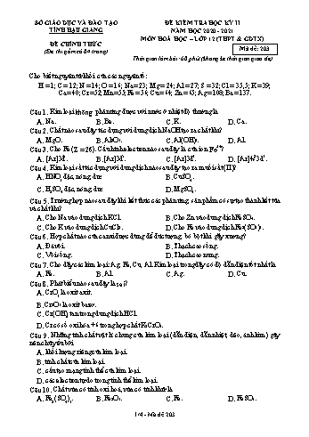 Đề kiểm tra học kỳ II môn Hóa học Lớp 12 (THPT & GDTX) - Mã đề: 203 - Năm học 2020-2021 - Sở GD&ĐT Hậu Giang (Kèm đáp án)