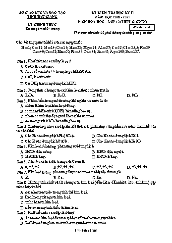 Đề kiểm tra học kỳ II môn Hóa học Lớp 12 (THPT & GDTX) - Mã đề: 204 - Năm học 2020-2021 - Sở GD&ĐT Hậu Giang (Kèm đáp án)