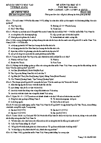 Đề kiểm tra học kỳ II môn Lịch sử Lớp 12 (THPT & GDTX) - Mã đề: 402 - Năm học 2020-2021 - Sở GD&ĐT Hậu Giang (Kèm đáp án)