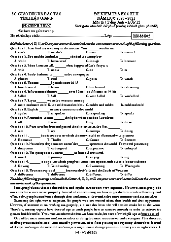 Đề kiểm tra học kỳ II môn Tiếng Anh Lớp 12 - Mã đề: 802 - Năm học 2020-2021 - Sở GD&ĐT Hậu Giang (Kèm đáp án)