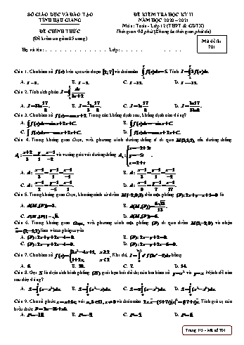 Đề kiểm tra học kỳ II môn Toán Lớp 12 (THPT & GDTX) - Mã đề: 701 - Năm học 2020-2021 - Sở GD&ĐT Hậu Giang (Kèm đáp án)