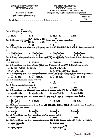 Đề kiểm tra học kỳ II môn Toán Lớp 12 (THPT & GDTX) - Mã đề: 703 - Năm học 2020-2021 - Sở GD&ĐT Hậu Giang (Kèm đáp án)