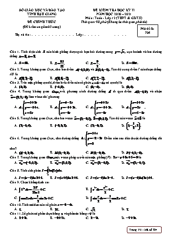 Đề kiểm tra học kỳ II môn Toán Lớp 12 (THPT & GDTX) - Mã đề: 704 - Năm học 2020-2021 - Sở GD&ĐT Hậu Giang (Kèm đáp án)