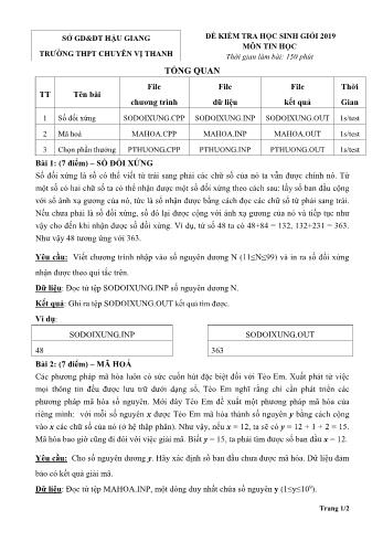 Đề kiểm tra học sinh giỏi môn Tin học Lớp 12 năm 2019 - Trường THPT Chuyên Vị Thanh