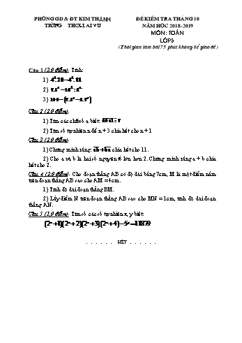 Đề kiểm tra tháng 10 môn Toán Khối THCS - Năm học 2018-2019 - Trường THCS Lai Vu