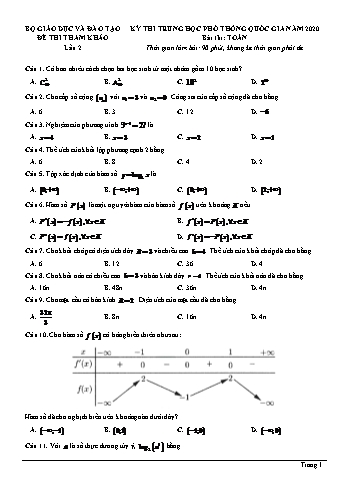 Đề tham khảo thi THPT Quốc gia môn Toán năm 2020 - Lần 2 - Sở GD&ĐT Hậu Giang (Có đáp án)